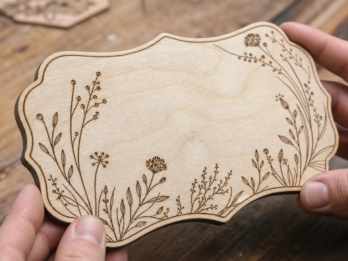 Dettaglio di incisione laser scura su legno chiaro naturale.